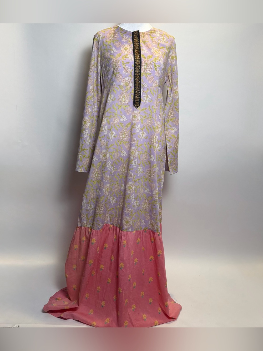 Lavender & Pink Floral Long Sleeve Silk Blend Tiered Maxi Dress *flaws*